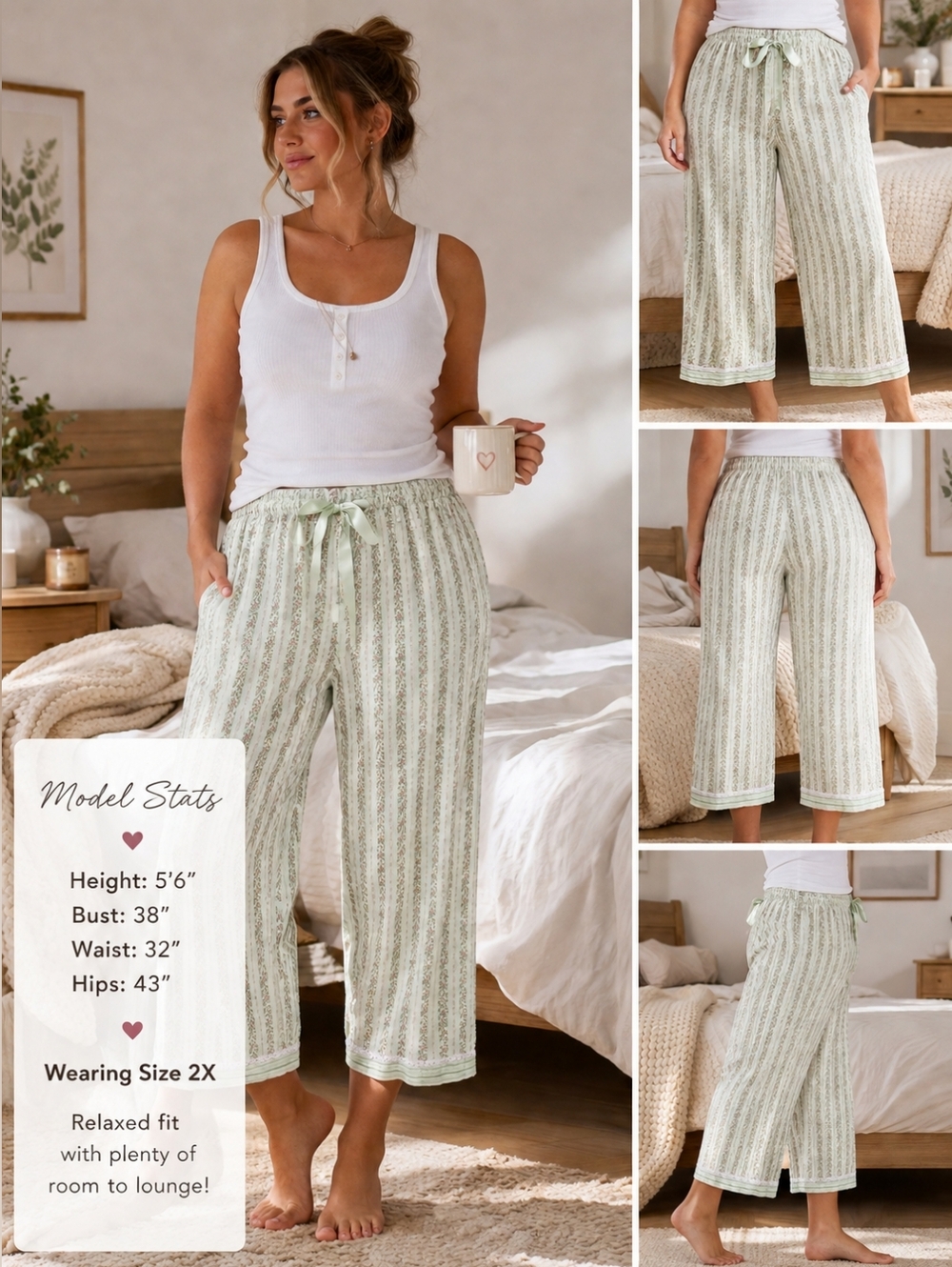 Cropped Pajama Pants Cotton Floral Stripe Drawstring Lounge Sleepwear Plus Size